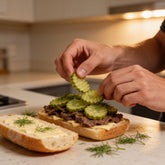 Hands layering ACIDE Dill Cucumber Chips onto a steak sandwich