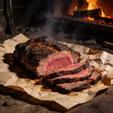 Sliced smoked beef brisket showing dark peppery bark and pink smoke ring on butcher paper