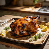 Whole roast chicken with a golden caramelised crust on a rustic tray