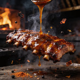 Smoke on Wheels Bootleg Bourbon BBQ Sauce – exploded macro glaze drip on smoked ribs