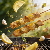 Smoke on Wheels BBQ Marinade – exploded macro garlic-lemon kebab skewers