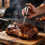 Smoke on Wheels Pork Marinade & Injection – injecting pork shoulder on the butcher's block
