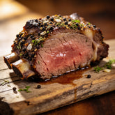 Outlaw Barbecue Bushranger A.P.R. 300g all purpose BBQ rub — close-up of a juicy beef rib roast slice with a peppery herb crust