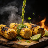 El Chori Zesty Coriander Chimichurri — coriander chimichurri pouring over chargrilled corn cobs