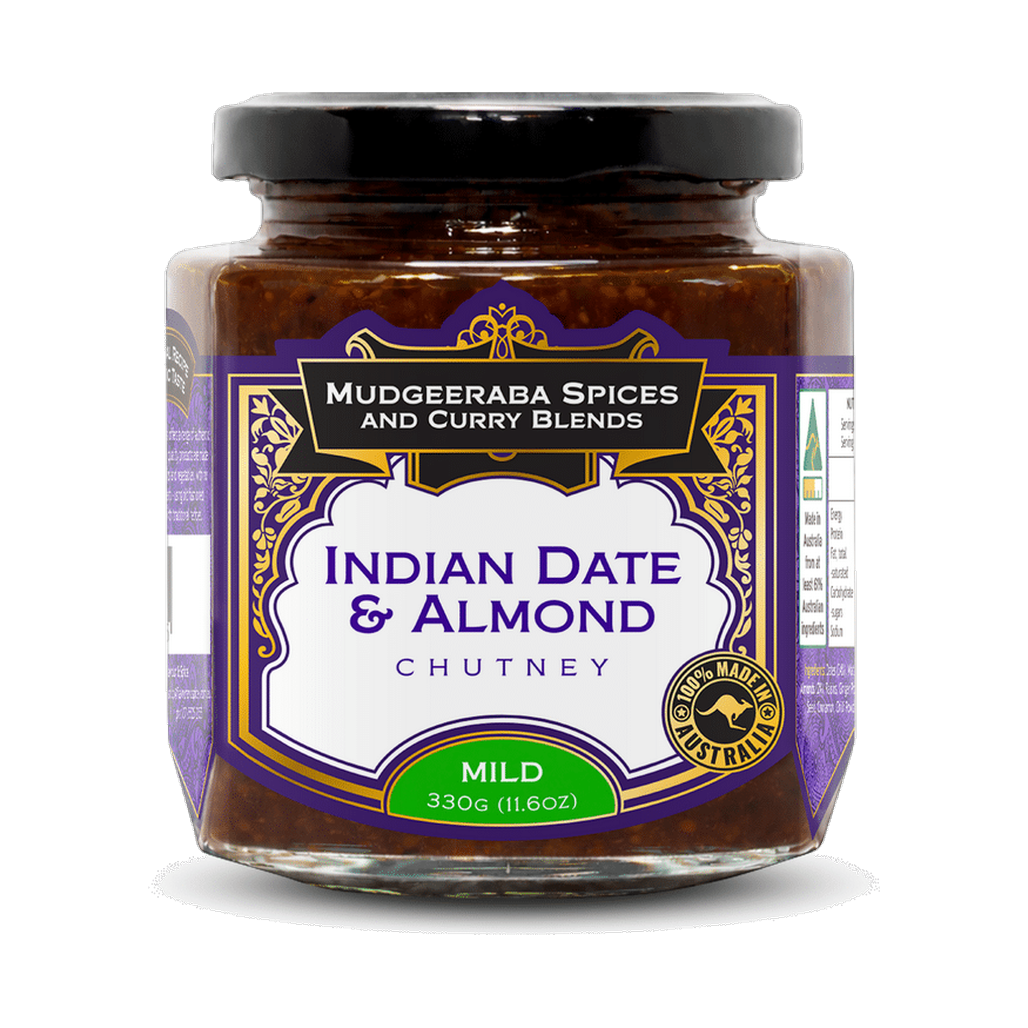 Mudgeeraba Spices Indian Date & Almond Chutney Mild 330g jar front