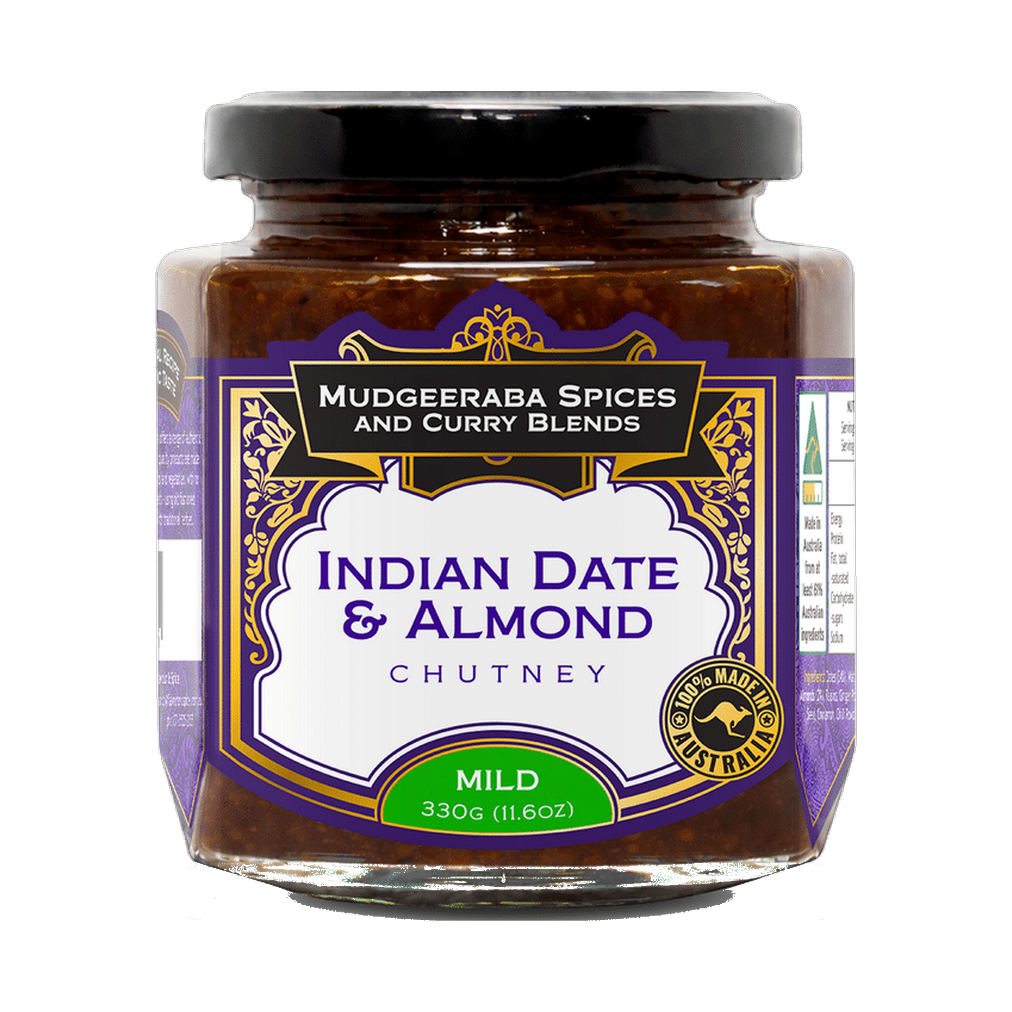Mudgeeraba Spices Indian Date & Almond Chutney Mild 330g jar front