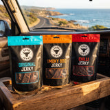 3099 Jerky build-your-own 3-pack — Original, Smoky BBQ and Chilli beef jerky on an Aussie road trip