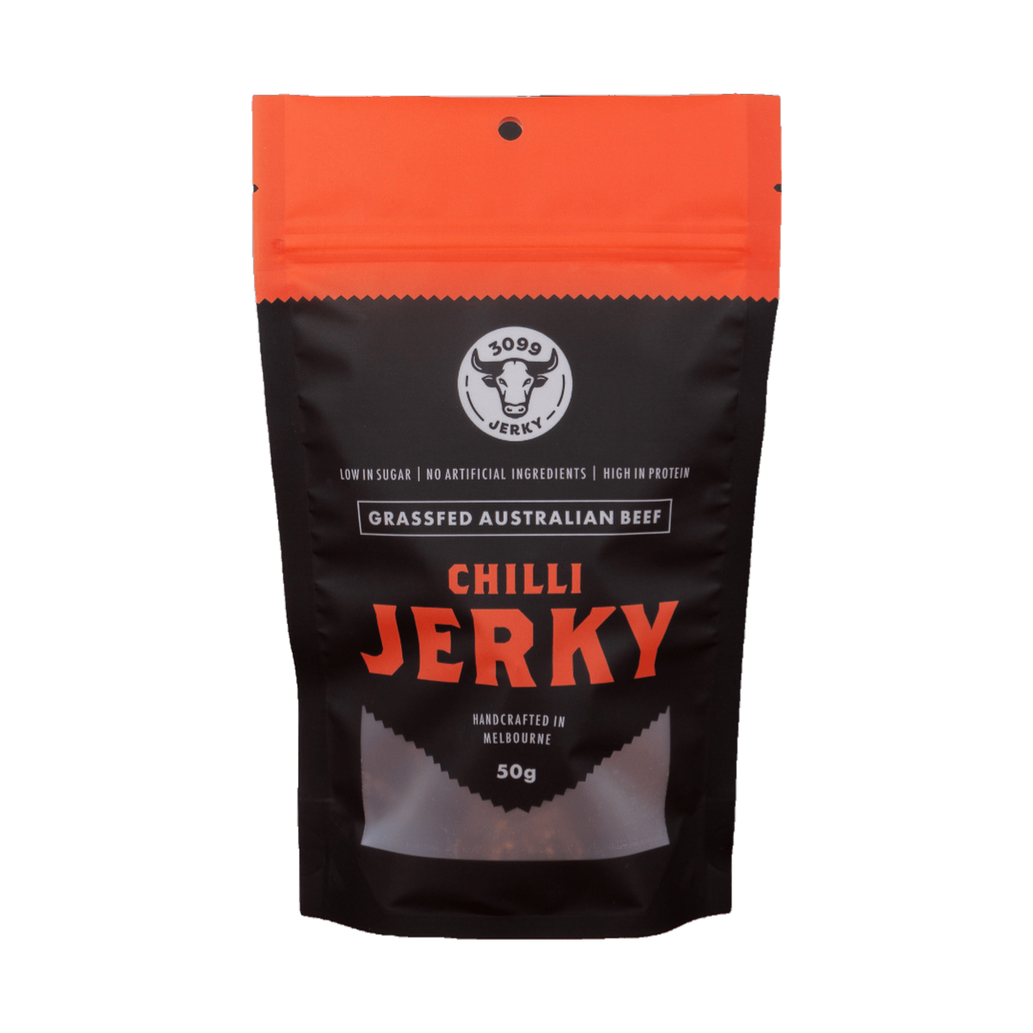 3099 Jerky Chilli Beef Jerky 50g beef jerky — front of the pack on a transparent background