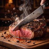 Heavenly Hell Pistol Powder espresso beef rub 150g — knife slicing an espresso-dark crusted ribeye to a rosy centre