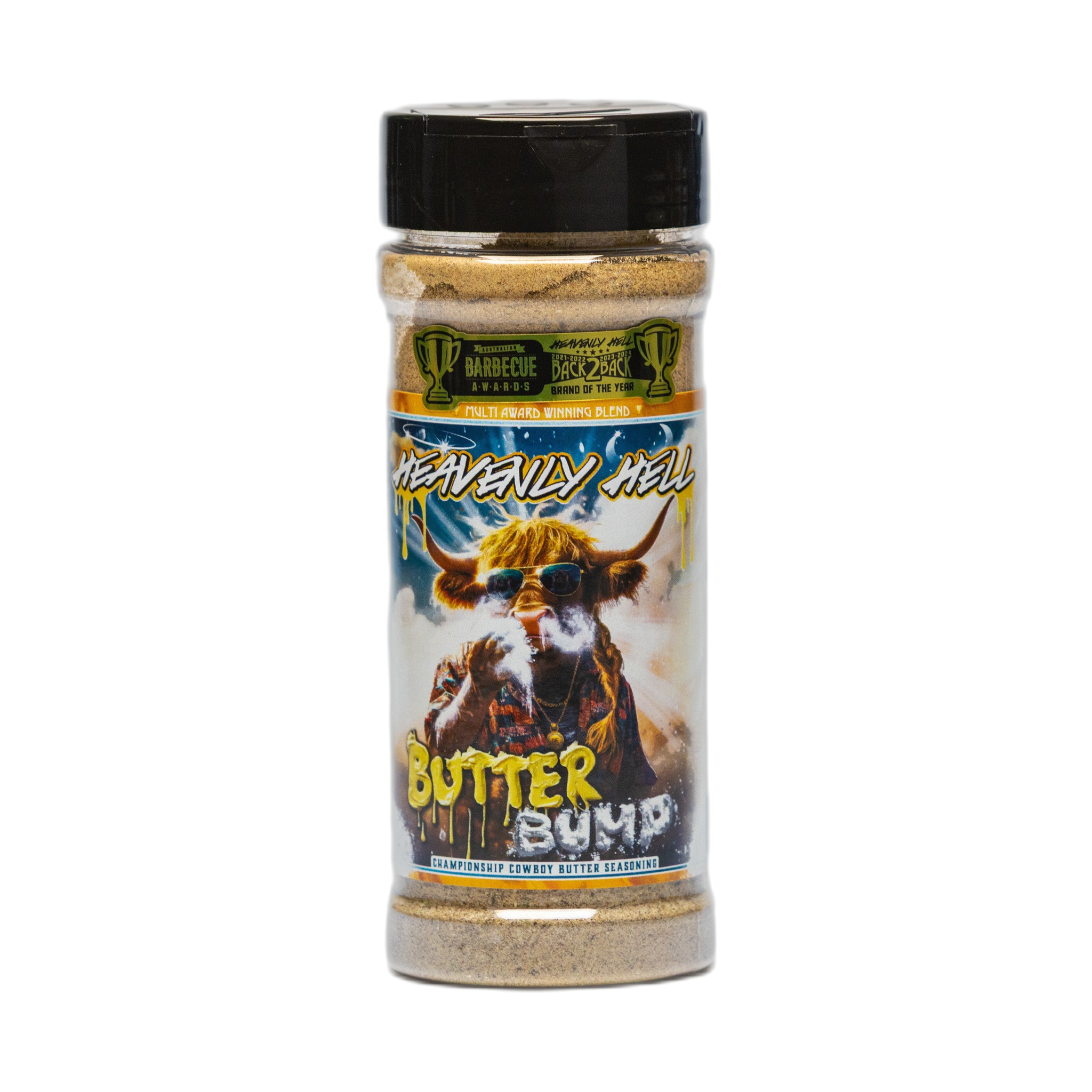Heavenly Hell Butter Bump cowboy butter seasoning 150g — front of the shaker on transparent background