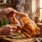 Heavenly Hell Rock n Roll Rooster championship chicken rub 150g — hands pulling apart a golden roast chicken with juices and steam