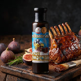 Lamb Almighty fig port maple glaze styled with a glazed rack of lamb