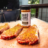 Hardcore Carnivore Steak Master seasoning on steak, lifestyle