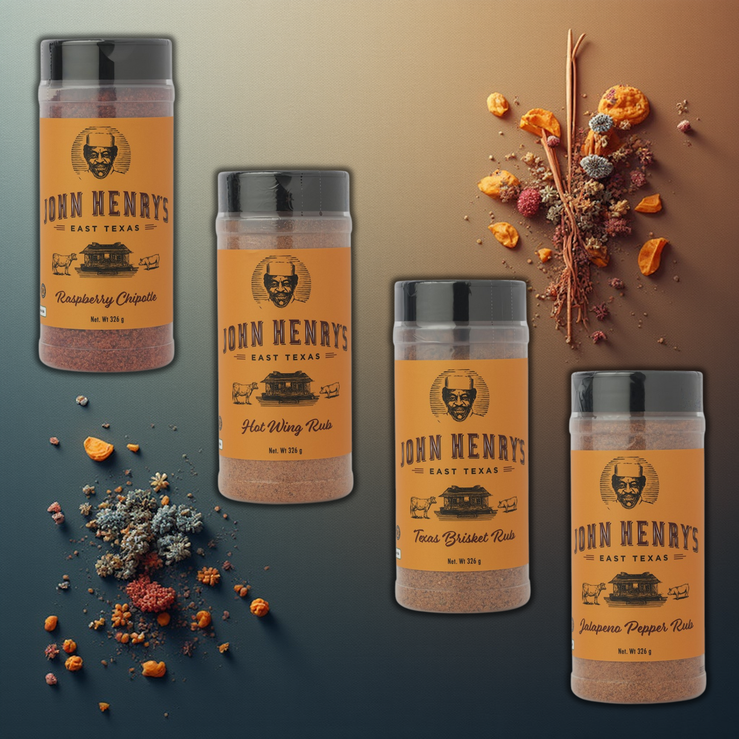 JOHN HENRYS: Pitmaster Bundle 4 Pack Raspberry Chipotle, Hot Wing, Texas Brisket, Jalapeno Pepper 4 x 326g