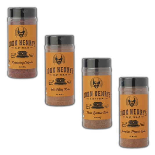 JOHN HENRYS: Pitmaster Bundle 4 Pack Raspberry Chipotle, Hot Wing, Texas Brisket, Jalapeno Pepper 4 x 326g