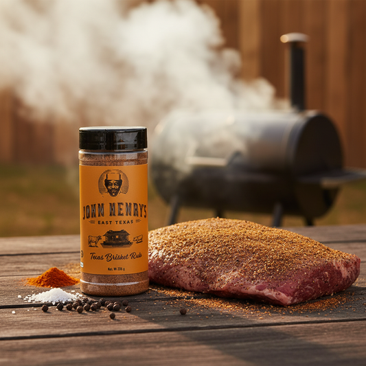John Henry's Texas Brisket seasoning Pitmaster Rub container with orange label and black text on a white background