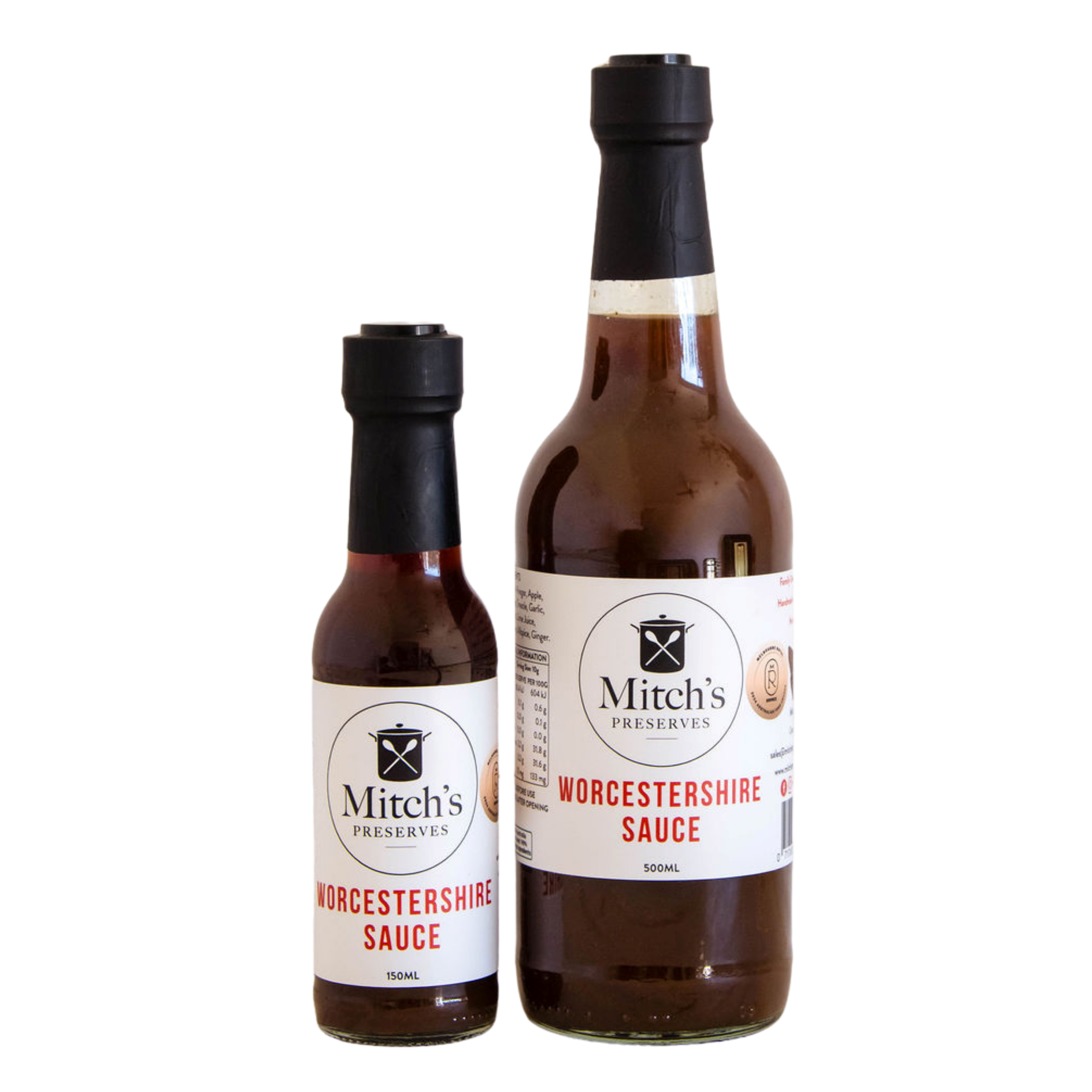 Mitch's Preserves Worcestershire Sauce 150ml and 500ml bottles, award-winning old fashioned black sauce made in Warrnambool
