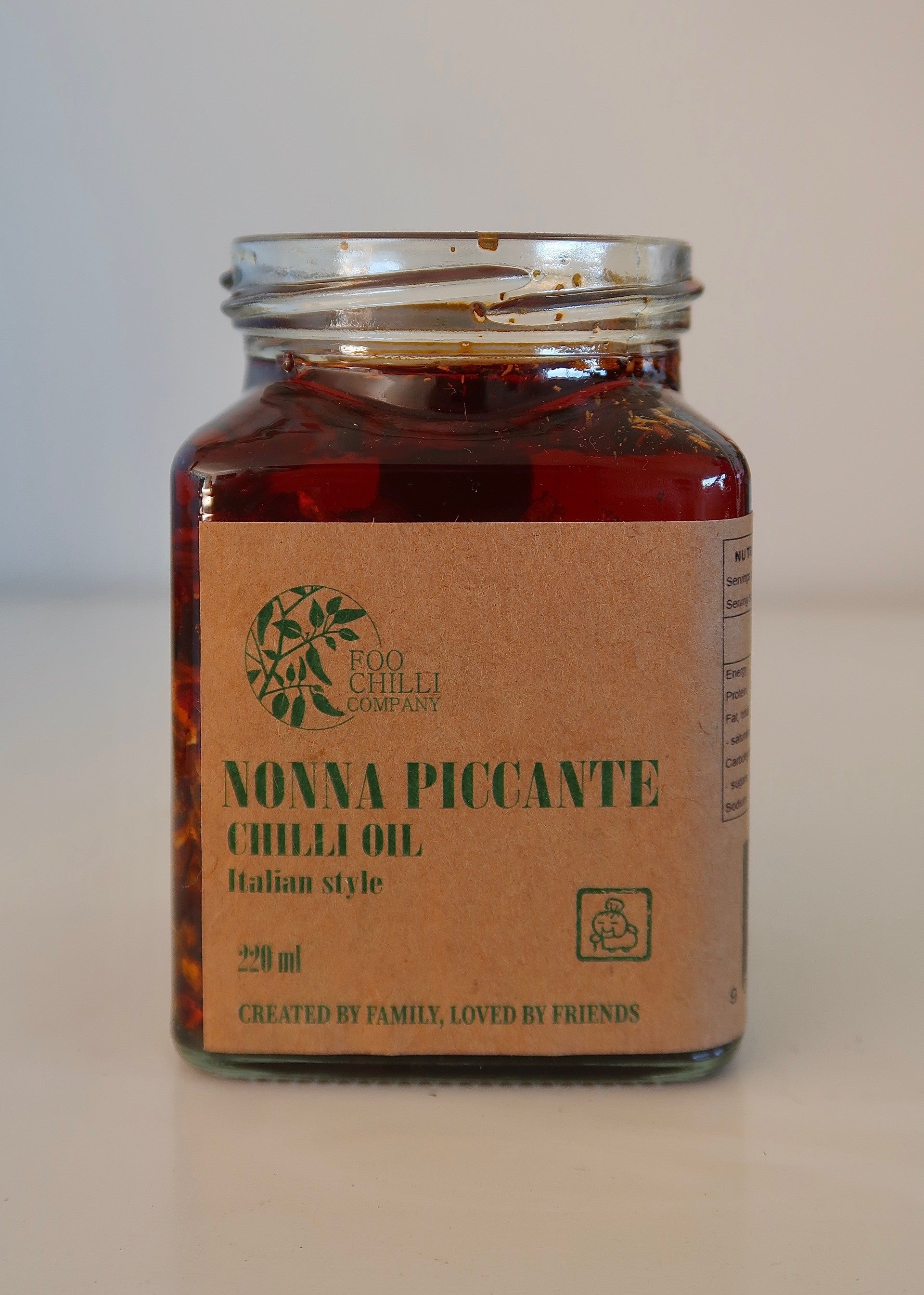 Foo Chilli Company Nonna Piccante Chilli Oil 220ml jar, Italian-style crispy chilli oil made in Melbourne