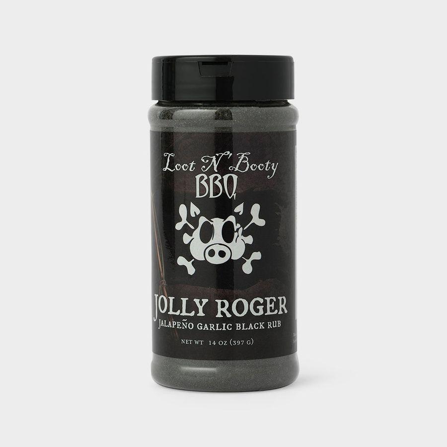 Loot N Booty BBQ Jolly Roger Jalapeno Garlic black rub 397g jar - front