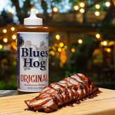 Blues Hog Original BBQ Sauce — glazed ribs at a backyard cook