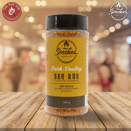 "SMOKES SEASONING Pork & Poultry BBQ Rub 300g Shaker – Enhance your BBQ flavours."