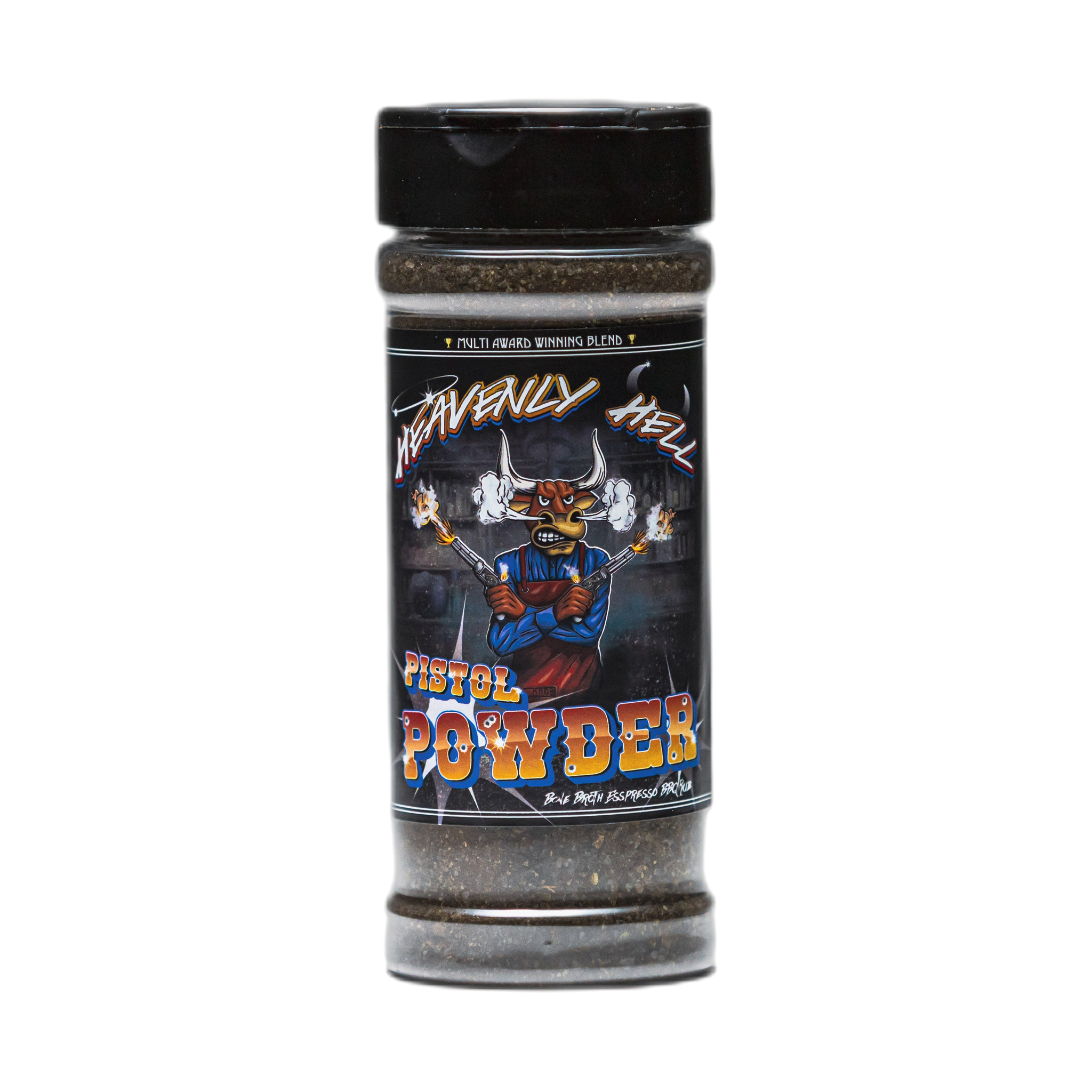 Heavenly Hell Pistol Powder espresso beef rub 150g — front of the shaker on transparent background