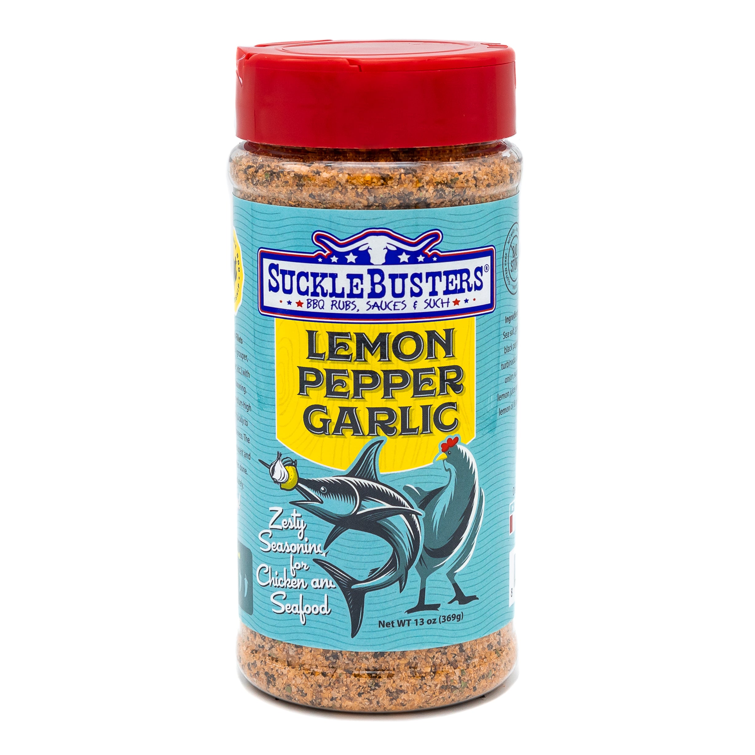SuckleBusters Lemon Pepper Garlic Rub 411g, Texas all-purpose BBQ seasoning — front of pack