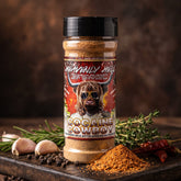 Cocaine Cowboy All Purpose Rub styled on a rustic board with spices