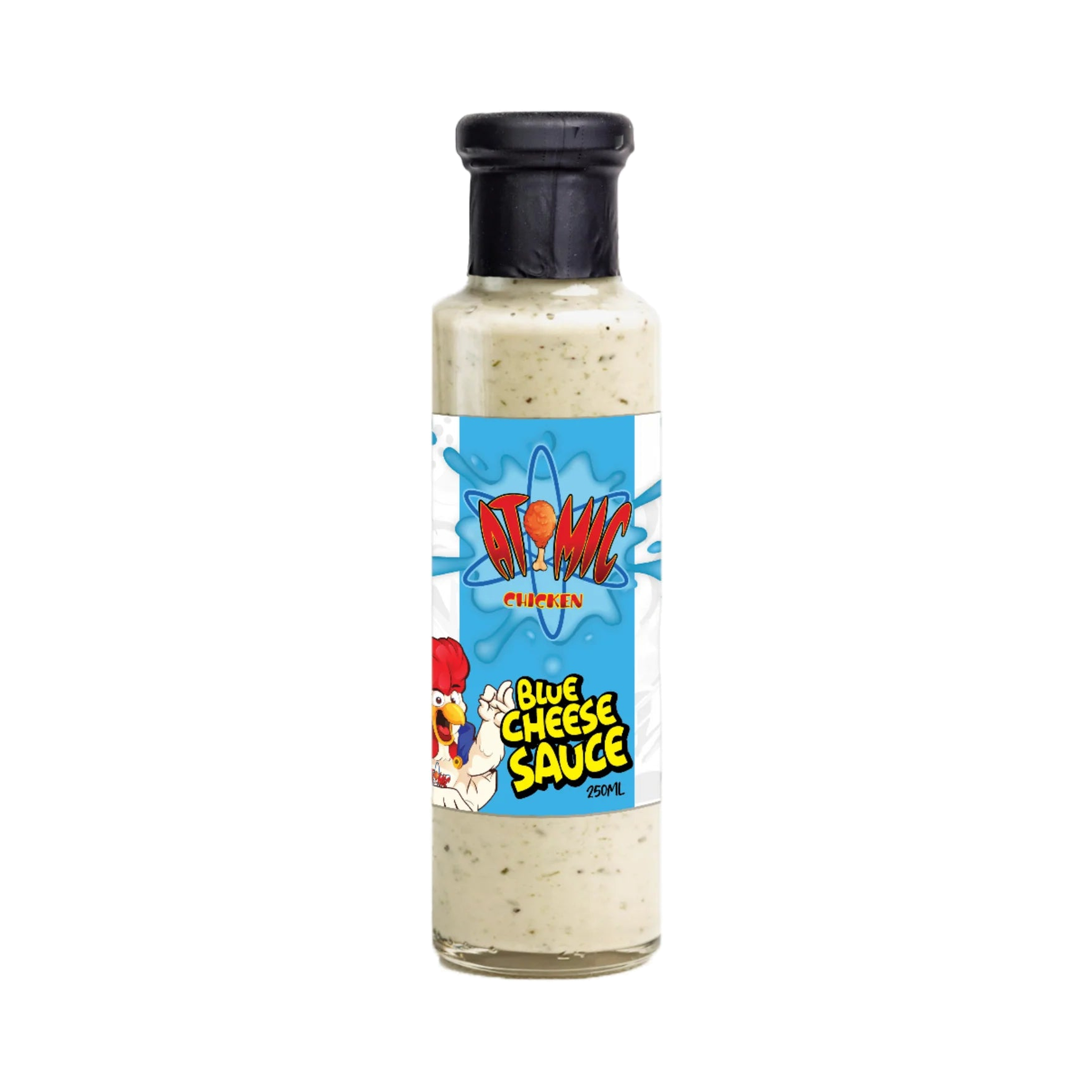 Atomic Chicken Blue Cheese Sauce 250ml, front of bottle on transparent background