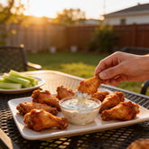 Atomic Chicken Blue Cheese Sauce 250ml — hand dipping a buffalo wing into the sauce at an outdoor table