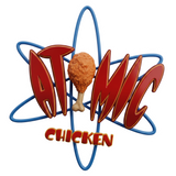 Atomic Chicken barbecue brand logo, red wordmark with a fried drumstick atom and blue orbit rings, on transparent background