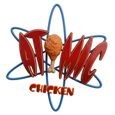 Atomic Chicken barbecue brand logo, red wordmark with a fried drumstick atom and blue orbit rings, on transparent background