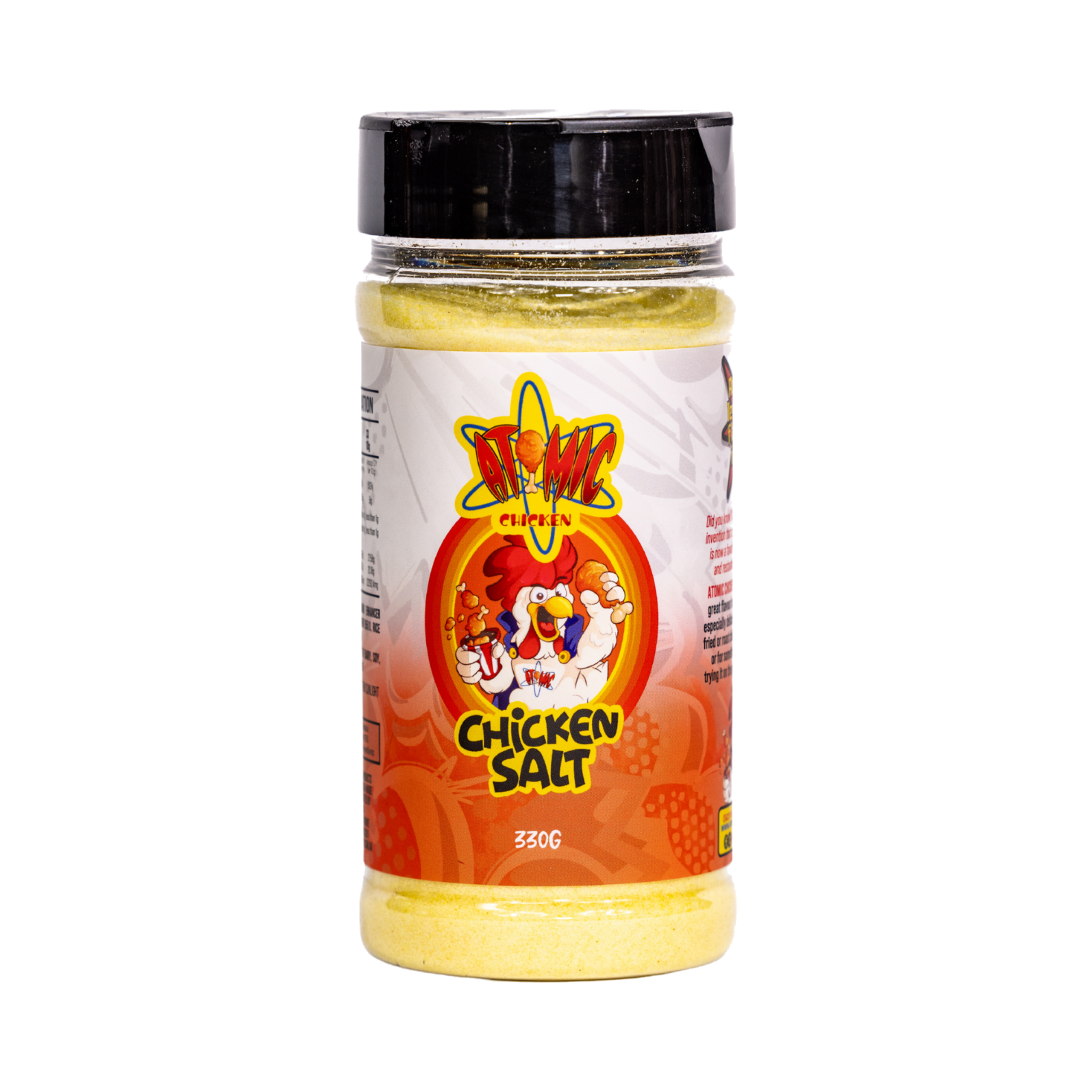 Atomic Chicken Chicken Salt Seasoning 330g, front of shaker on transparent background