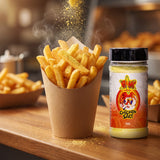 Atomic Chicken Chicken Salt — golden hot chips in a paper cone being showered with chicken salt