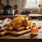 Atomic Chicken Chicken Salt — whole roast chicken and potatoes dusted with chicken salt