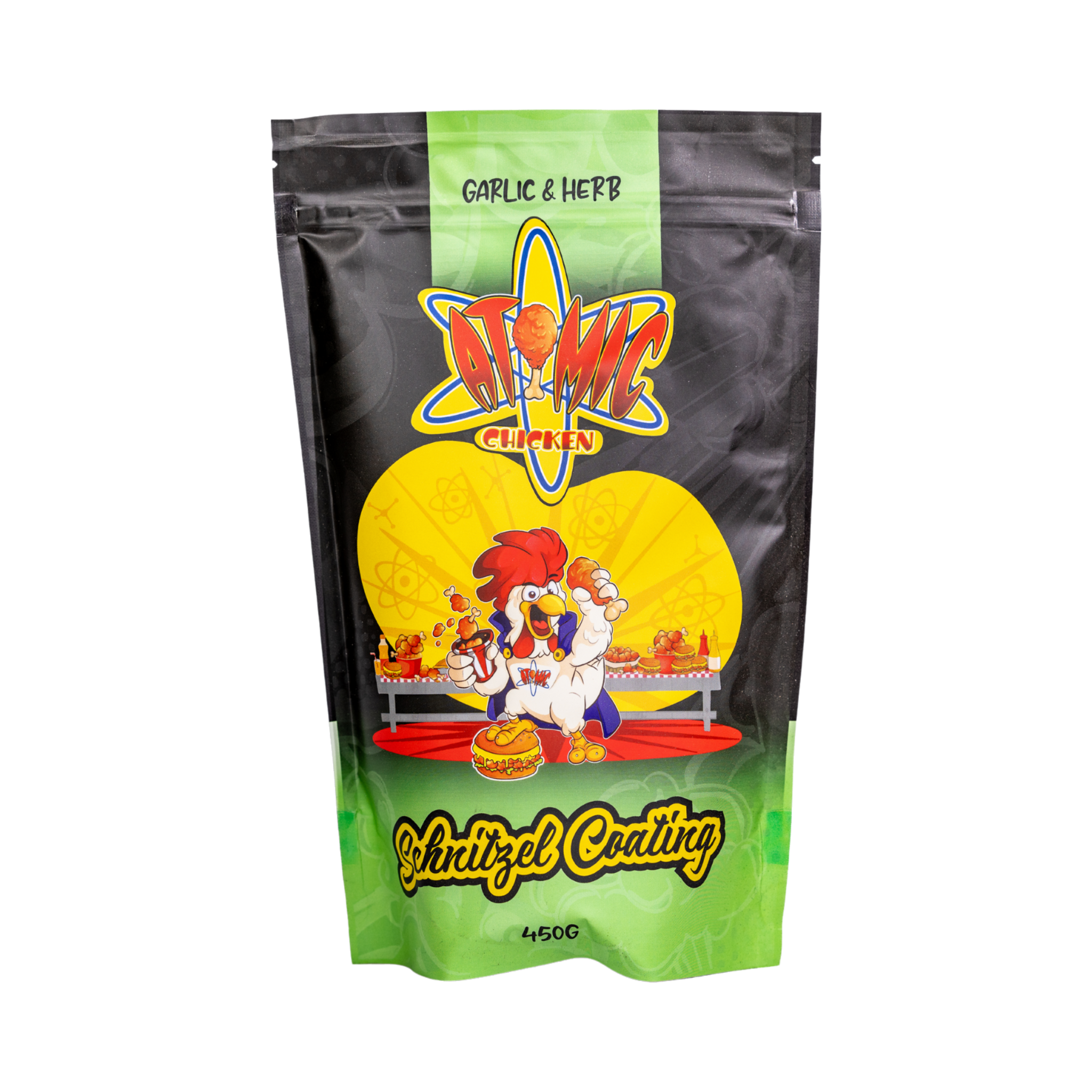 Atomic Chicken Chicken Schnitzel Herb & Garlic Coating 450g, front of pack on transparent background