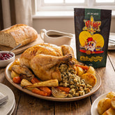 Atomic Chicken Chicken Stuffing — whole golden roast chicken with herbed stuffing spilling from the cavity and roast veg