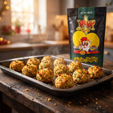 Atomic Chicken Chicken Stuffing — tray of golden crisp-edged herbed stuffing balls fresh from the oven