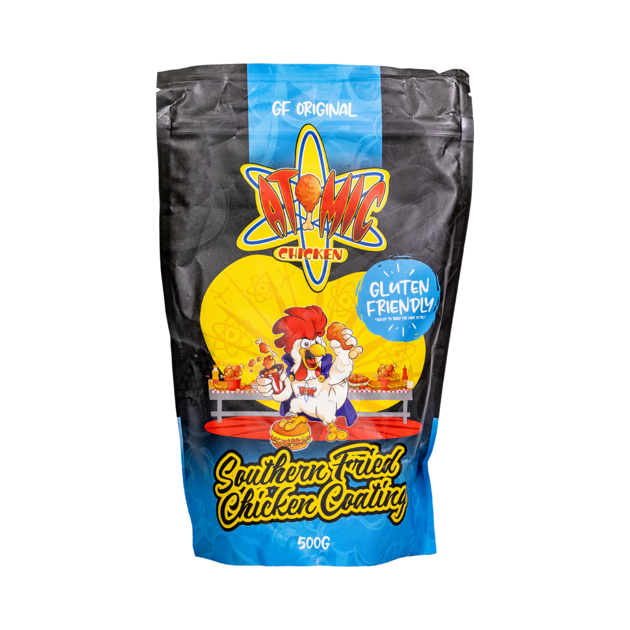 Atomic Chicken Gluten Friendly Original Southern Fried Chicken Coating 500g, front of pack on transparent background