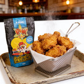Atomic Chicken Gluten Friendly Original Southern Fried Chicken Coating 500g — basket of golden crispy fried chicken beside the pack