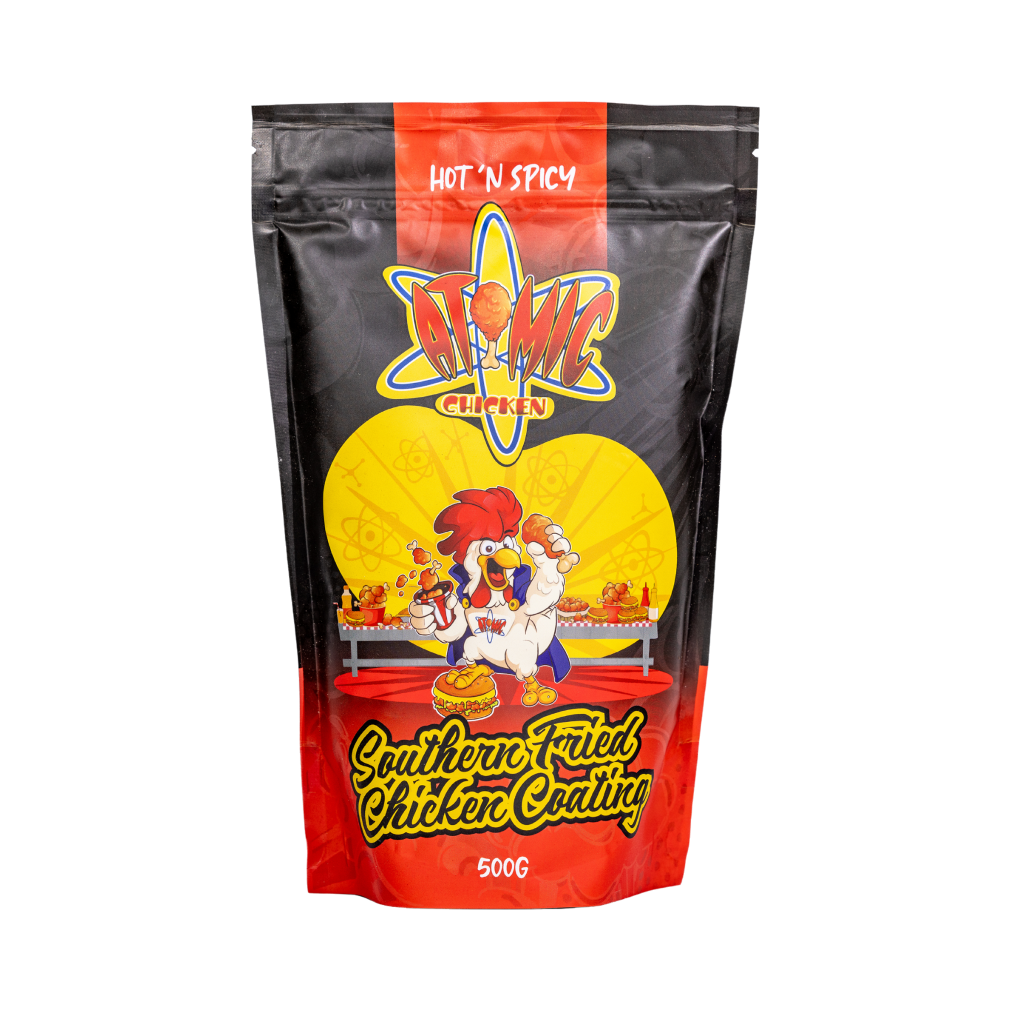 Atomic Chicken Hot 'N Spicy Southern Fried Chicken Coating 500g, front of pack on transparent background