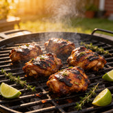 Atomic Chicken Jamaican Jerk Seasoning Rub 220g — charred jerk chicken thighs on the grill with thyme and lime at sunset