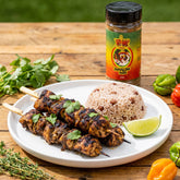 Atomic Chicken Jamaican Jerk Seasoning Rub — jerk chicken skewers with rice and peas and lime