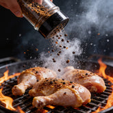 Atomic Chicken Jamaican Jerk Seasoning Rub 220g — seasoning shaken over raw chicken thighs on a flaming grill, spice frozen mid-air