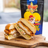 Atomic Chicken Original Southern Fried Chicken Coating — a stacked crispy fried chicken sandwich with slaw and pickles