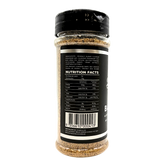Butchers Axe Basecamp all-purpose seasoning 190g shaker, side label detail, transparent background