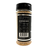 Butchers Axe Basecamp all-purpose seasoning 190g shaker, side label detail, transparent background
