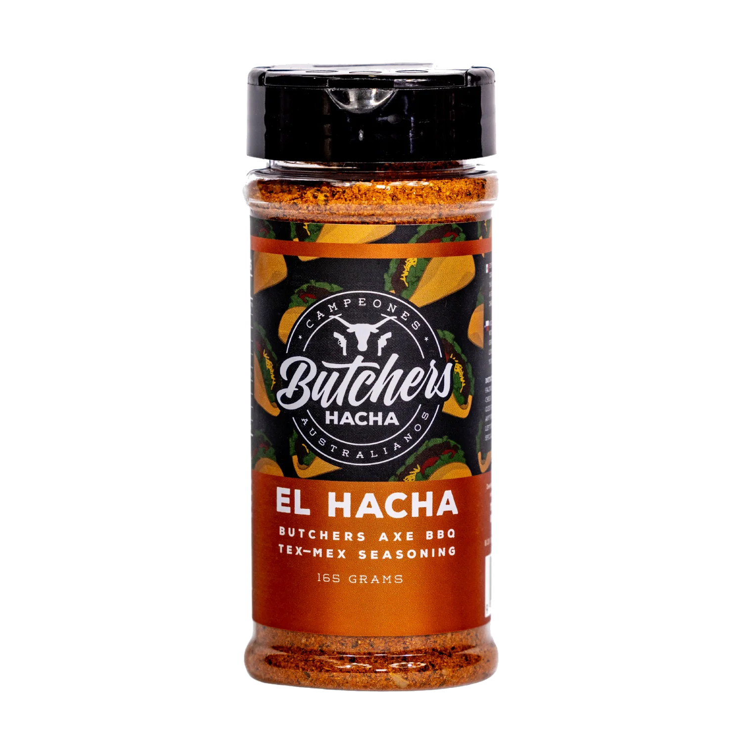 Butchers Axe El Hacha Tex-Mex seasoning 165g shaker, front label, product only on transparent background