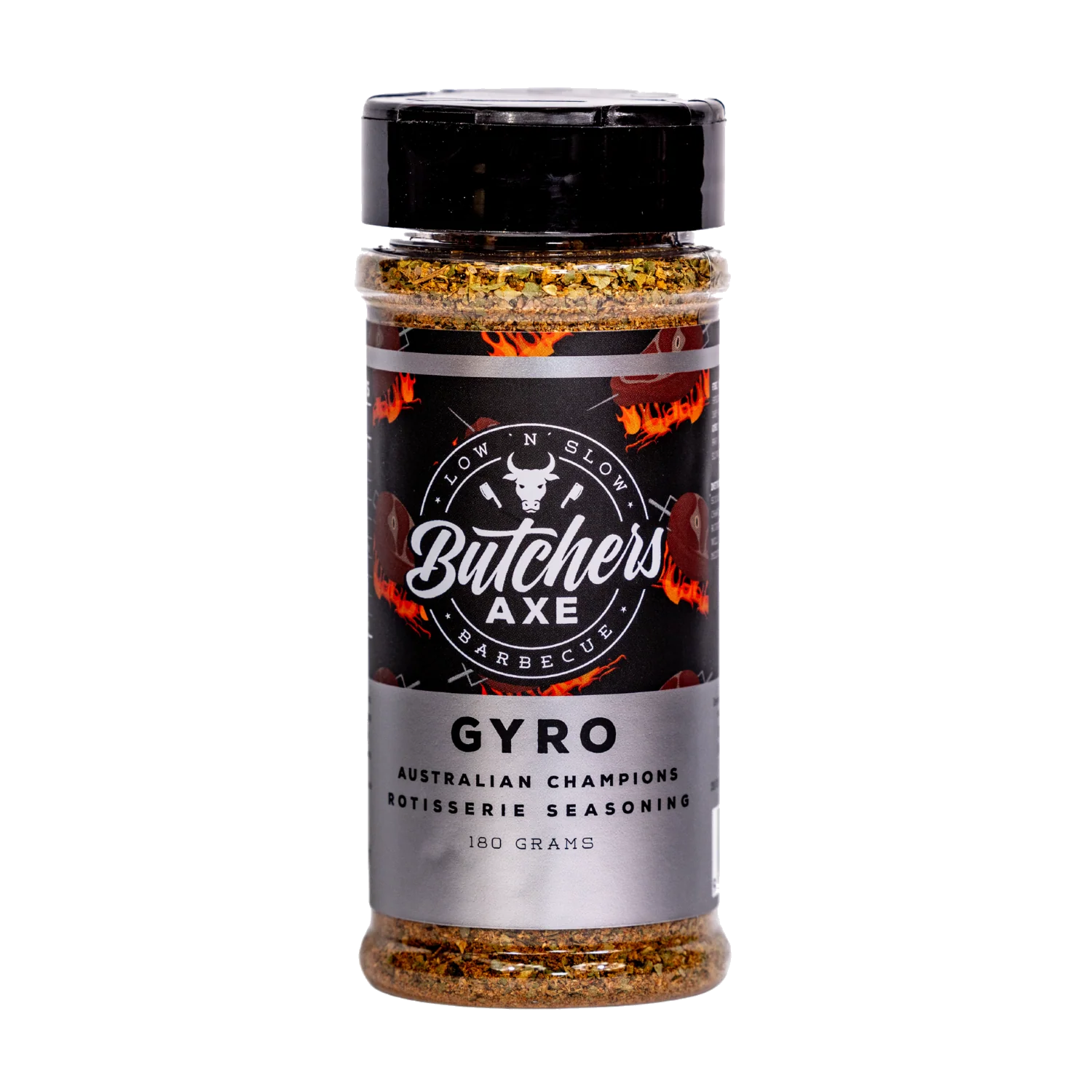 Butchers Axe Gyros rotisserie seasoning 180g shaker, front label, product only on transparent background