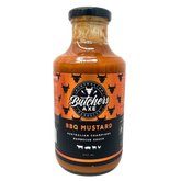 Butchers Axe Mustard BBQ Sauce 500ml bottle, front label, product only on transparent background